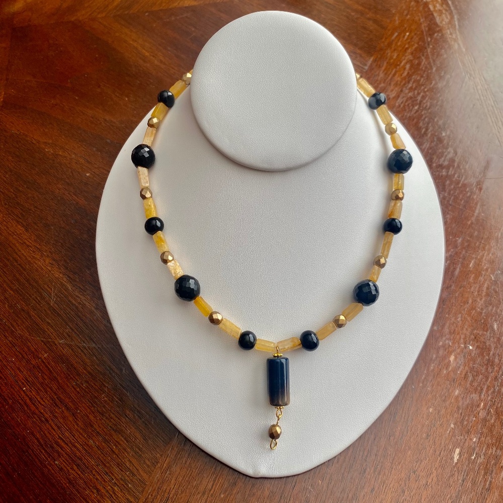 Earthy Tawny Yellow, Black & Golden Colored Necklace w Black Gold Ombre Pendant